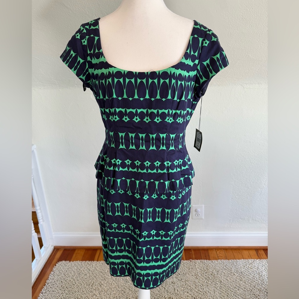 Nanette Lepore Navy and Green Geometric Scoop-Neck Midi Dress